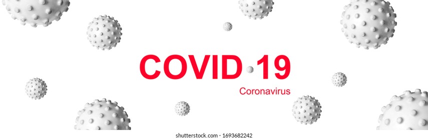 Panoramic Banner For COVID-19 Website Header, 3d Illustration. Poster With Gray Germs And Inscription COVID Coronavirus On White Background. Concept Of Novel SARS-CoV-2 Corona Virus Pandemic.