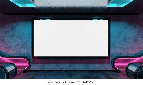 Panoramic Billboard On Underground Subway Mockup. Hoarding Advertising Hanging On Glowing Neon Lights Interior 3D Rendering