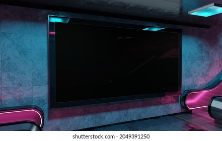 Panoramic Billboard On Underground Subway Mockup. Hoarding Advertising Hanging On Glowing Neon Lights Interior 3D Rendering