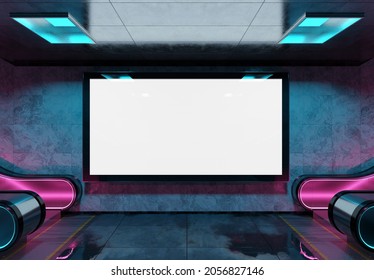 Panoramic Billboard On Underground Subway Mockup. Hoarding Advertising Hanging On Glowing Neon Lights Interior 3D Rendering