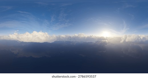 Panoramic cloudscape over a calm reflective sea at sunrise, soft blue sky and peaceful light — 3d Rendering