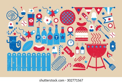 Panoramic composition with bbq and 4th july symbols. - Powered by Shutterstock