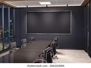 Panoramic Frame Mockup Hanging In Dark Office Meeting Room. Mock Up Of Large Billboard In Modern Company Interior 3D Rendering