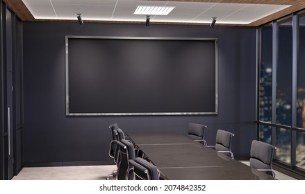 Panoramic Frame Mockup Hanging In Dark Office Meeting Room. Mock Up Of Large Billboard In Modern Company Interior 3D Rendering