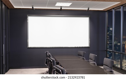 Panoramic Frame Mockup Hanging In Dark Office Meeting Room. Mock Up Of Large Billboard In Modern Company Interior 3D Rendering