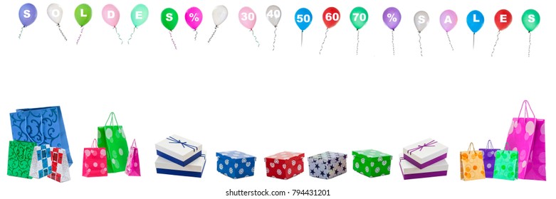 Panoramic, image ,with ,flying ,Balloons,with ,sale ,letters, and numbers percentgage off on th thop and multicolored shopping sac and bags downwards