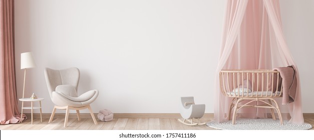 Panoramic interior for baby's room Scandinavian style, rattan crib with pink canopy, beige armchair and wooden toys on empty bright background. Trendy minimal design, 3D render, 3D illustration