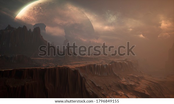 Panoramic landscape on the surface of an alien\
unusual planet. 3D\
Rendering.