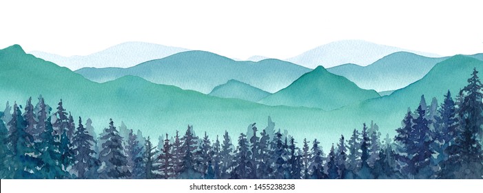 Panoramic landscape watercolor landscape with misty mountains and coniferous forest