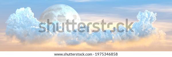 panoramic night cumulus clouds with moon ,\
digital nature 3D\
illustration