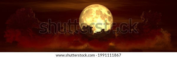 panoramic night cumulus with moon - digital\
nature 3D\
rendering