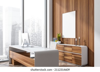 Panoramic office interior with CEO workplace, a cabinet behind, mock up poster. Hearing bone hardwood floor. A concept of modern office design. 3d rendering