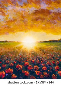 Panoramic painting of rural landscape. Sunset dawn of sun over flower field oil painting with acrylic.