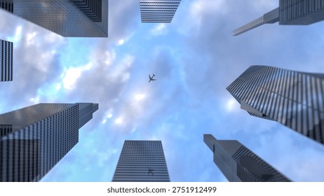 Panoramic and perspective wide angle view to steel light blue background of glass high rise building skyscraper commercial modern city of future and airplane. Business and travel concept of success industry tech architecture. Office buildings. 3d rendering. 3d illustration