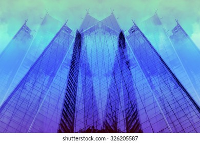 Panoramic and perspective wide angle view to steel light blue background of glass high rise building skyscraper commercial modern city of future. Business concept of success industry tech architecture