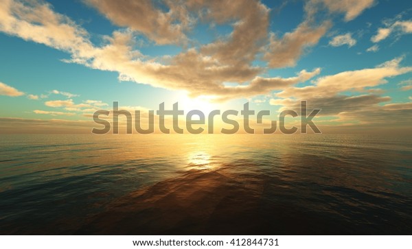 パノラマ海の夕日 海の日の出 水上の光 3dレンダリング のイラスト素材