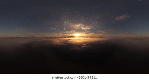 Panoramic sunrise over clouds and reflection, showcasing vast skies and 3D rendering.