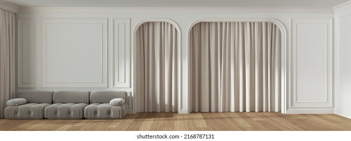 Panoramic View Of Classic Living Room With Molded Wall, Arched Doors With Curtain And Parquet Floor. White And Beige Tones, Modern Velvet Sofa. Banner, Interior Design, 3d Illustration