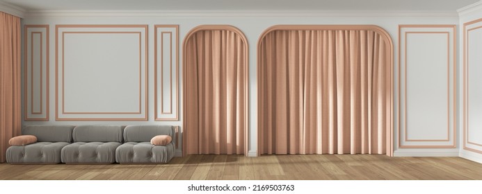 Panoramic view of classic living room with molded wall, arched doors with curtain and parquet floor. White and orange pastel tones, modern velvet sofa. Banner, interior design, 3d illustration
