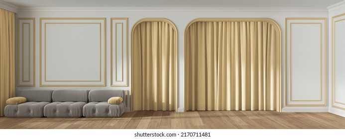 Panoramic View Of Classic Living Room With Molded Wall, Arched Doors With Curtain And Parquet Floor. White And Yellow Pastel Tones, Modern Velvet Sofa. Banner, Interior Design, 3d Illustration