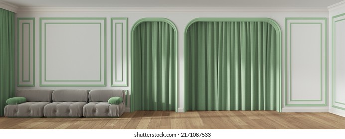 Panoramic View Of Classic Living Room With Molded Wall, Arched Doors With Curtain And Parquet Floor. White And Green Pastel Tones, Modern Velvet Sofa. Banner, Interior Design, 3d Illustration