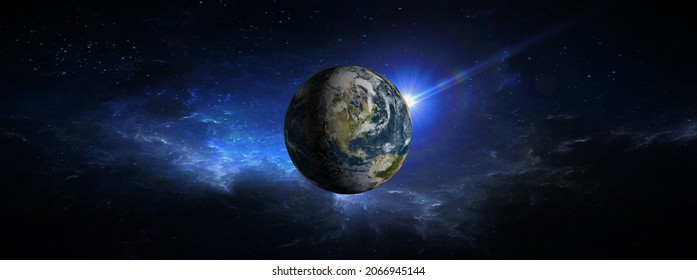 Panoramic View Of The Earth, Sun, Star And Galaxy. Sunrise Over Planet Earth, View From Space. Winter Solstice,fall Equinox , Autumn Equinox , September Equinox .  3d Rendering Illustration