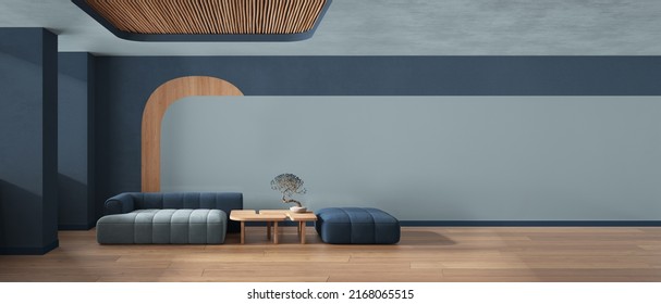 Panoramic View Of Elegant Living Room In Blue Tones, Sofa And Pouf, Wooden Table With Bonsai, Concrete Walls. Parquet And Cane Ceiling. Copy Space. Contemporary Interior Design Idea, 3d Illustration