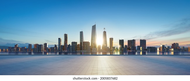 Panoramic view of empty concrete tiles floor with city skyline. Sunrise scene. 3d rendering