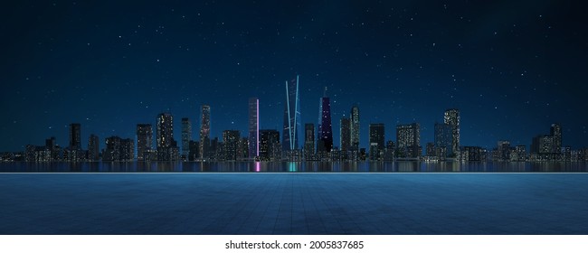 Panoramic View Of Empty Concrete Tiles Floor With City Skyline. Night Scene. 3d Rendering