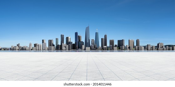 Panoramic view of empty concrete tiles floor with city skyline. Daytime scene. 3d rendering