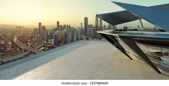 Panoramic view of empty concrete triangle shape floor with steel and glass modern building exterior and cityscape.  Sunrise scene. Photorealistic 3D rendering.
