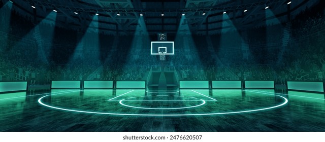 Panoramic view. Empty futuristic basketball stadium arena illuminated by neon lights with crowdy stages ready to watch final game. 3D render. Concept of sport, competition, action and motion - Powered by Shutterstock