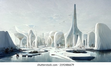 Panoramic View Of Future City Skyline. Creative Concept Illustration Of Futuristic Cityscape: Skyscrapers, Towers, Tall Buildings, Flying Vehicles. Megapolis City Panoramic Cityscape, Sky Background