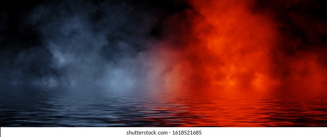 Panoramic view mystic smoke on the floor. Paranormal fog isolated on black background. Stock illustration.