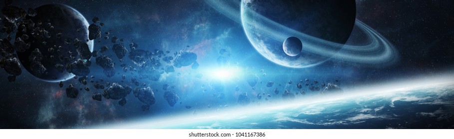 Панорамный вид планет в отдаленной солнечной системе в пространстве 3D рендеринг элементов этого изображения, предоставленный НАСА