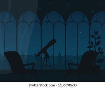 Panoramic view from room through arched windows to night starry sky of town. Illustration of interior with two armchairs, telescope and city landscape. Astronomical observation. Scene for your design.