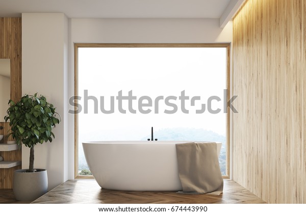 Panoramic Window Bathroom Interior Wooden Plank Stock