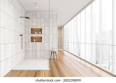 Panoramic Windows In The Shower Room With Grey Beige Tiling. Hotel Interior. Two Wooden Niches, Stool And Flooring. Bathware. White Ceilings. 3d Rendering