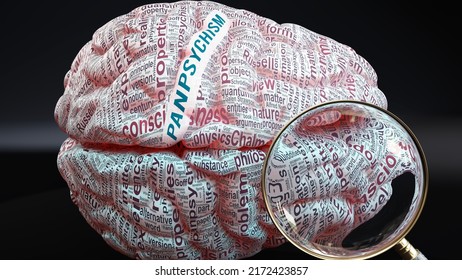 Panpsychism in human brain, a concept showing hundreds of crucial words related to Panpsychism projected onto a cortex to fully demonstrate broad extent of this condition,3d illustration