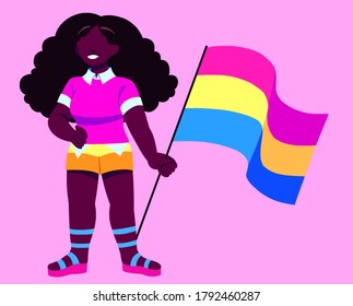 Pansexual Black Woman Holding Pansexuality Pride Flag On Pink Background. Pan And Lgbt Representation