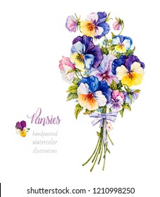 Pansies. Violets. Bouquet Of Flowers. Botanical Watercolor Illustration.