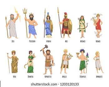 Pantheon of ancient Greek gods, Ancient Greece mythology. Set of characters with names. Flat illustration. Isolated on white background. Raster version.
