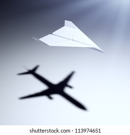 Paper airplane casting a shadow of a jetliner - vision and aspirations concept illustration