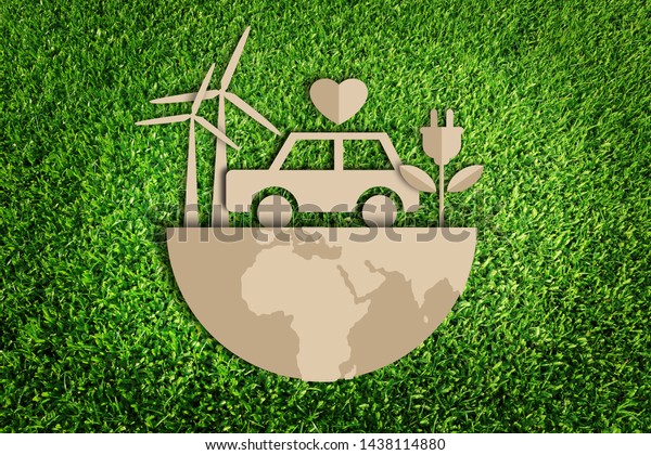 Paper\
art style of eco car concept on green grass background. Electric\
cars. Eco friendly car development. Save the\
earth.