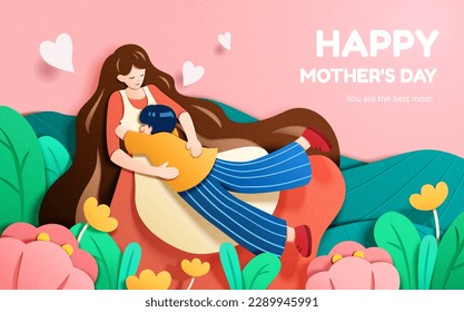 Paper art style illustrated lovely interaction of son hugging mom in garden full of flowers. Suitable for Happy Mother's Day - Powered by Shutterstock