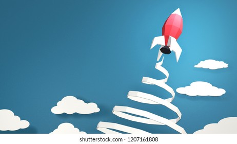 Paper Art Style Of Rocket Launch In The Sky On A Blue Background With Copy Space, Easy To Use By Print A Special Offer Or Add Your Own Logo, Images, And Text, 3D Rendering And Minimal Concept Design.