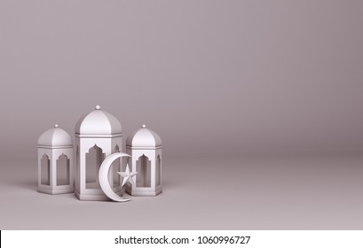 Paper Art Of White Arabic Lantern And Moon Crescent Star. Design Creative Concept Of Islamic Celebration Day Ramadan Kareem Or Eid Al Fitr Adha. Copy Space Text. 3d Rendering Illustration.