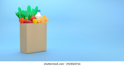 Paper Bag With Food In A Cartoon Style. Healthy Food With Eco-friendly Packaging. Food Delivery, Zero Waste. 3d Rendering.