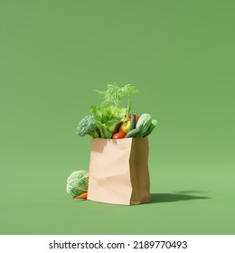 Paper bag with fresh vegetable on green background. food concept. 3d rendering - Powered by Shutterstock