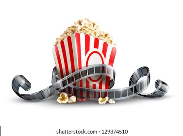 Paper Bag With Popcorn And Movie Reel. Rasterized Illustration. Vector Version Also Available In My Gallery.